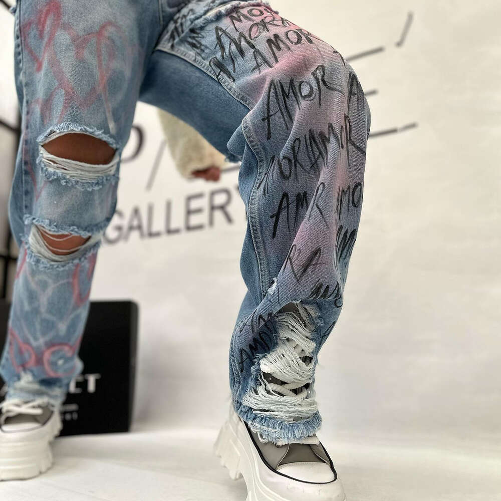 American Style Tattered Jeans, Women's Letter Print, Casual Fashion, Autumn and Winter Slimming Straight Leg Pants, Women's