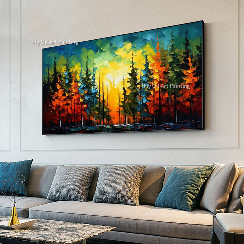 Forest Landscape Oil Painting Abstract Colorful Tree Canvas Wall Art Handmade Sunset Behind Tree Living Room Decor