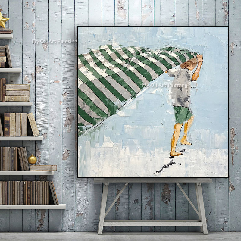 Enfant sur la toile de plage peinture à la main petit garçon à la main tenant une huile en tissu vert et blanche peinture d'art mural moderne pour le décor de chambre à coucher