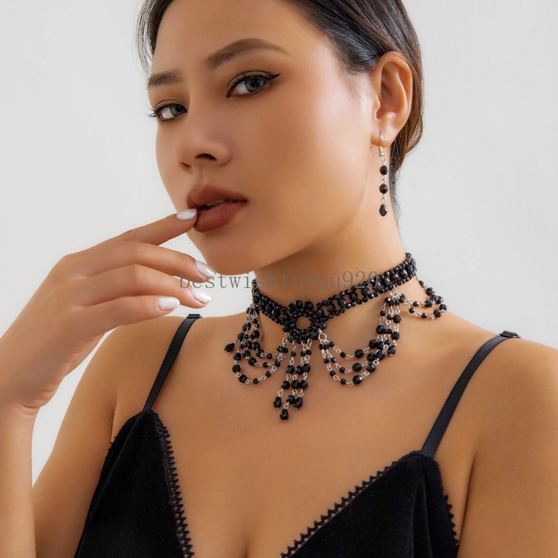 Goth Black Crystal Tassel Pendant Halsband Drop Earrings for Women 2024 Trend Vintage Clavicle Chain SMycken Set New