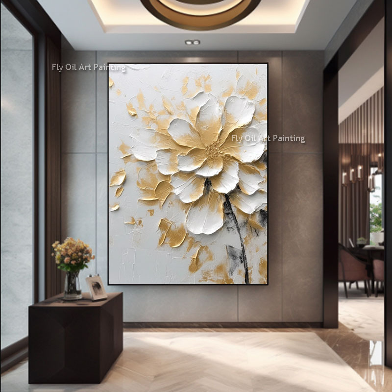 Arrangement floral doré peinture d'huile texturée peinte à la main fleurs blanches art mural décoration d'art mural doré pour décoration de salon cadeau