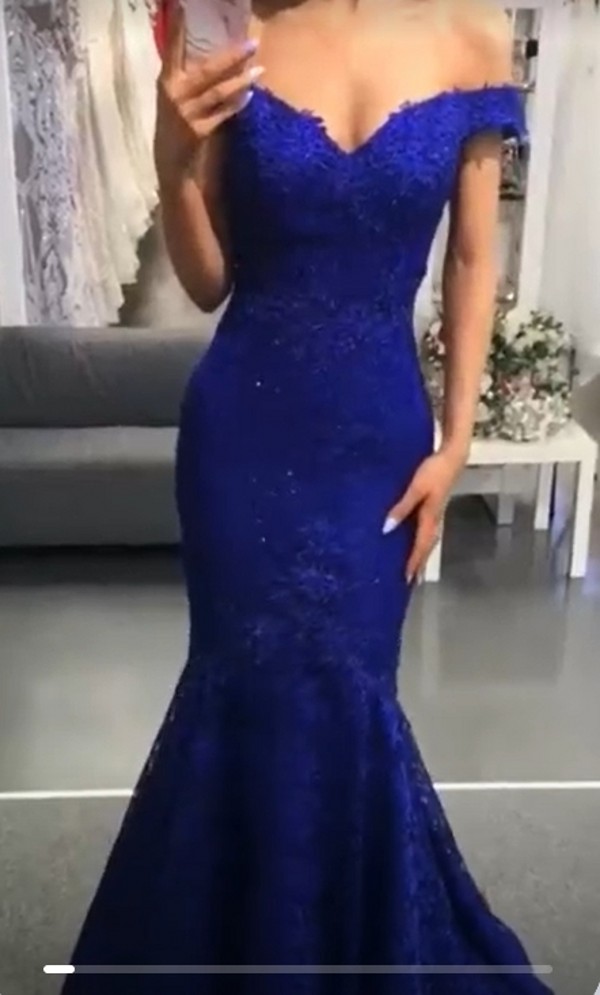 Royal Blue Sexy Off Shoulder Mermaid Evening Dresses Elegant Lace Appliques Beaded Formal Party Gowns For Women Plus Size Long Special Occasion Prom Dress CL3467