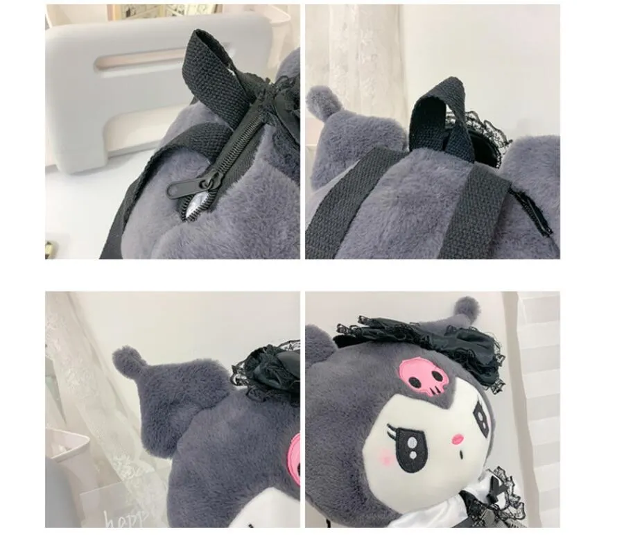 Kawaii Kuromi Melody Plush Backpack Soft Plush Zipper Double Shoulder Bag Kids School Bag Birthday Gift