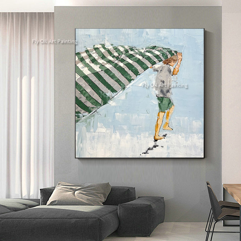 Enfant sur la toile de plage peinture à la main petit garçon à la main tenant une huile en tissu vert et blanche peinture d'art mural moderne pour le décor de chambre à coucher