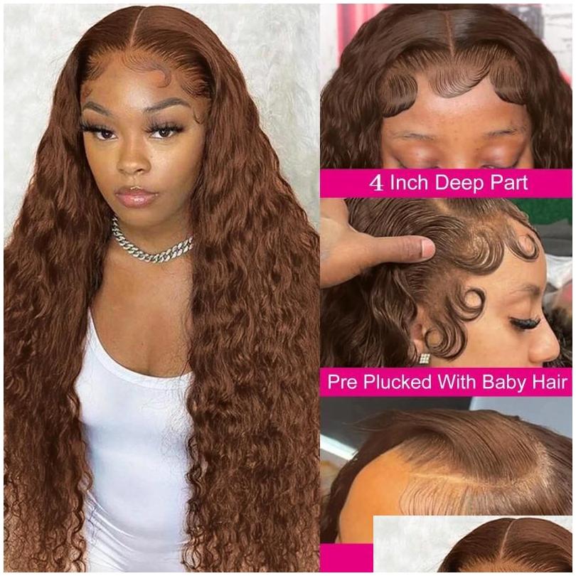 Spetsspår Deep Wave Frontal Wig Human Hair 13x4 Curly Front Colate Brown 4 FL Glueless 180% Density Hairfirfeal Drop Delivery Products Otit8