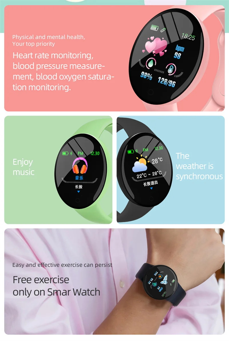 2024 D18 Macaron Real StepCount Smart Watch Exercice SPETCOUNT Connecté Smartwatches pour hommes et femmes Téléphone Android disponible