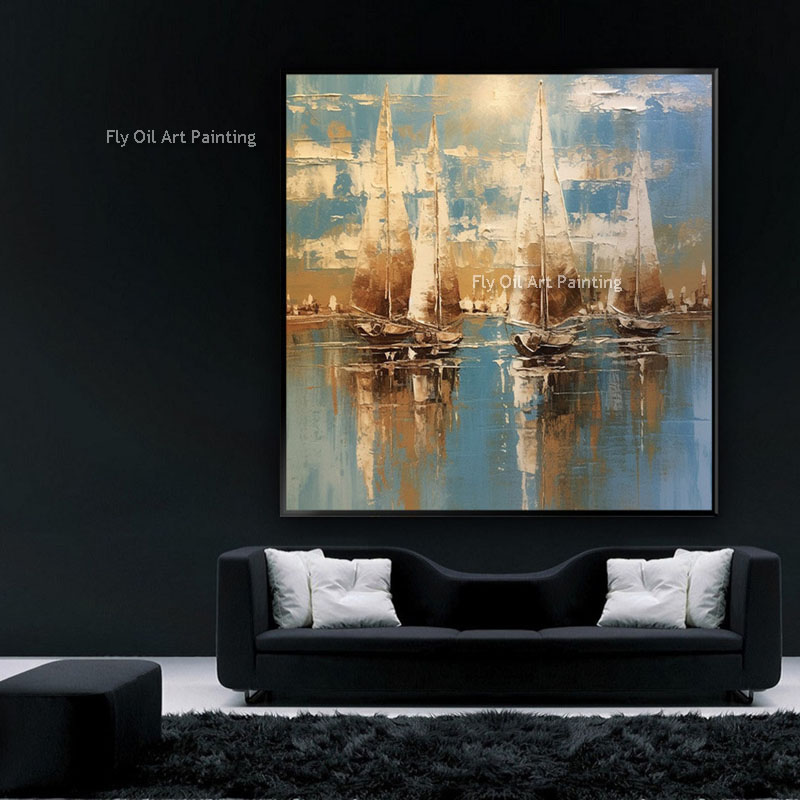 Boat Sunset Abstract Canvas Art 100% Handmade Textured Painting Abstract Oil Painting Wall Decor Living Room Office Wall Art