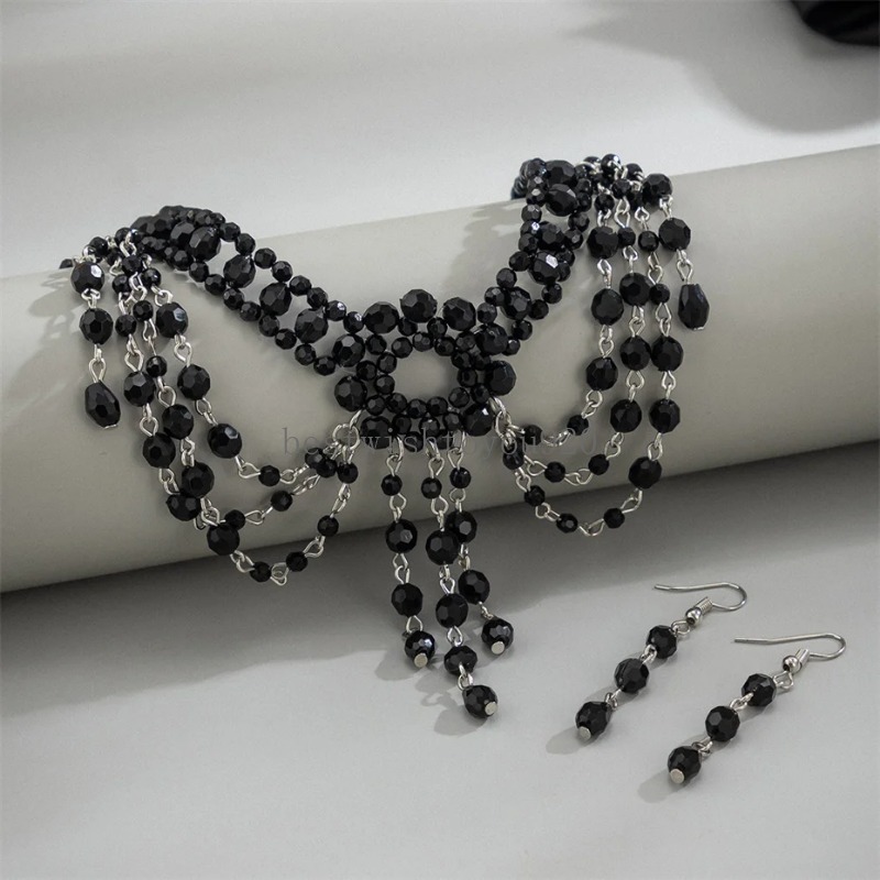 Goth Black Crystal Tassel Pendant Halsband Drop Earrings for Women 2024 Trend Vintage Clavicle Chain SMycken Set New