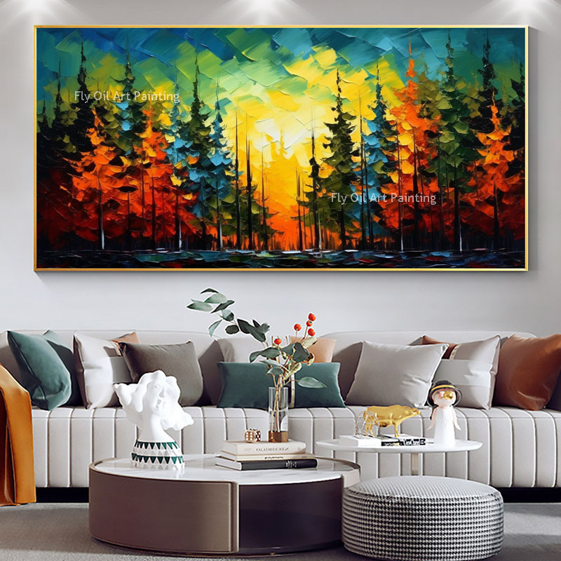Pintura a óleo da paisagem florestal abstrata colorida tena de árvore de parede arte feita ao pôr do sol atrás da árvore decoração da sala de estar