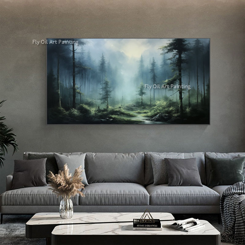 Green Forest Full Of Fog Oil Painting On Canvas Handmade Nature Custom Woods Textured Wall Art Primitive Forest Landscape Wall Art Living Room Decor