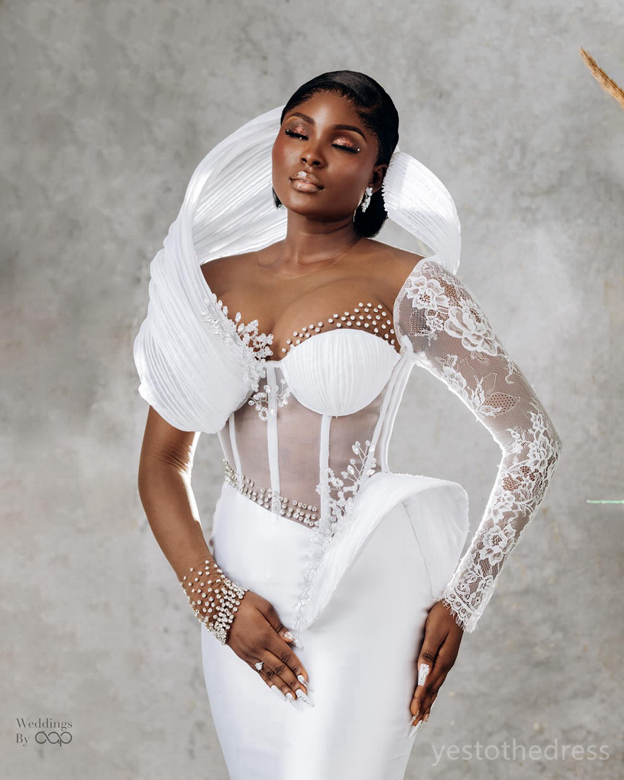 Aso Ebi Mermaid Wedding Dress for Bride Short Illusion Bridal Gowns Beaded Lace Long Sleeves Wedding Gowns for African Nigeria Black Women Girls D190