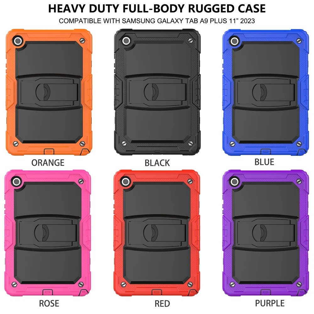 Adjustable Kickstand Shockproof Silicone Case For Samsung Galaxy Tab A9 Plus 11 inch A9+ Hybrid Armor Rugged Drop Proof Tablet Cover Shoulder Strap+Screen PET Film