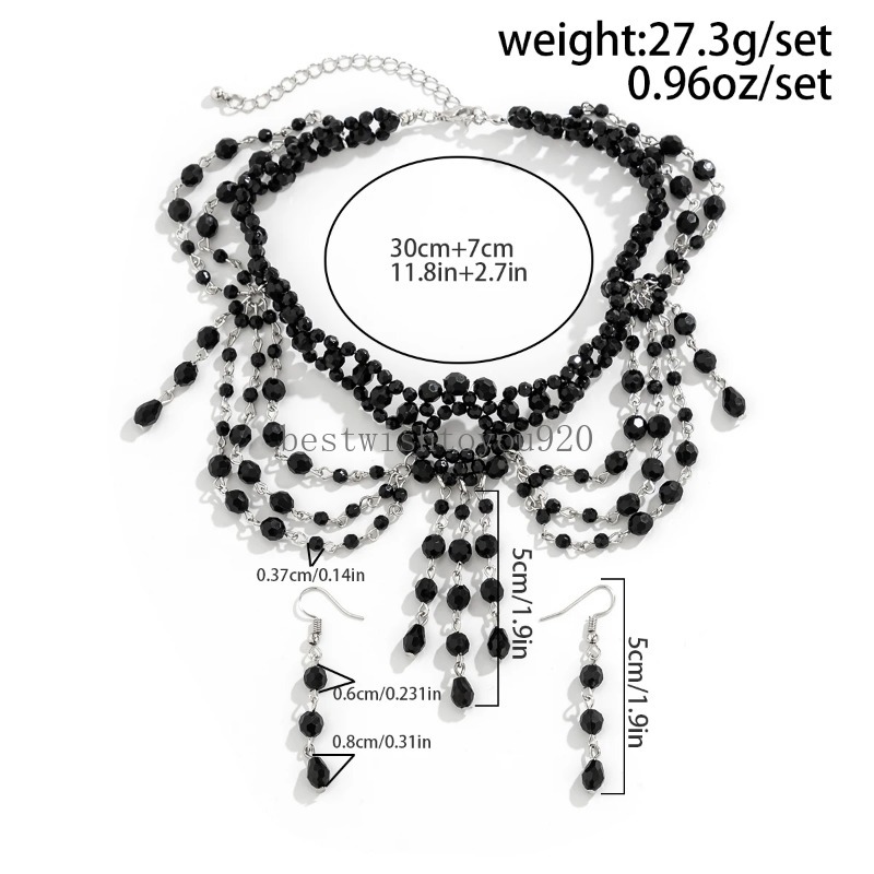 Goth Black Crystal Tassel Pendant Halsband Drop Earrings for Women 2024 Trend Vintage Clavicle Chain SMycken Set New