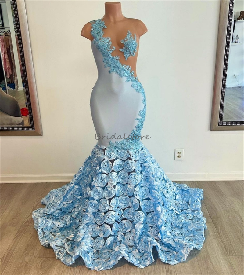 Fantastisk blå mermiad prom klänning med 3D blommor ren mesh applikationer spetsar svart flickakvällsklänning 2024 rygglös formell parti vestido de festa casamento