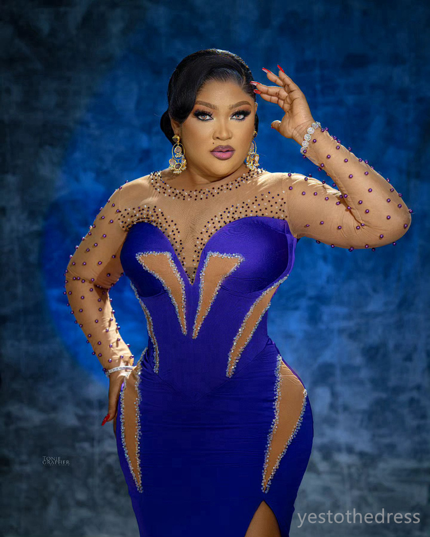 2024 Plus Size Aso Ebi Prom Dress for Special Thillsions Illusion Mermaid Side Split Pärlade aftonklänningar Elegant födelsedagsklänning andra mottagningsklänningar AM663