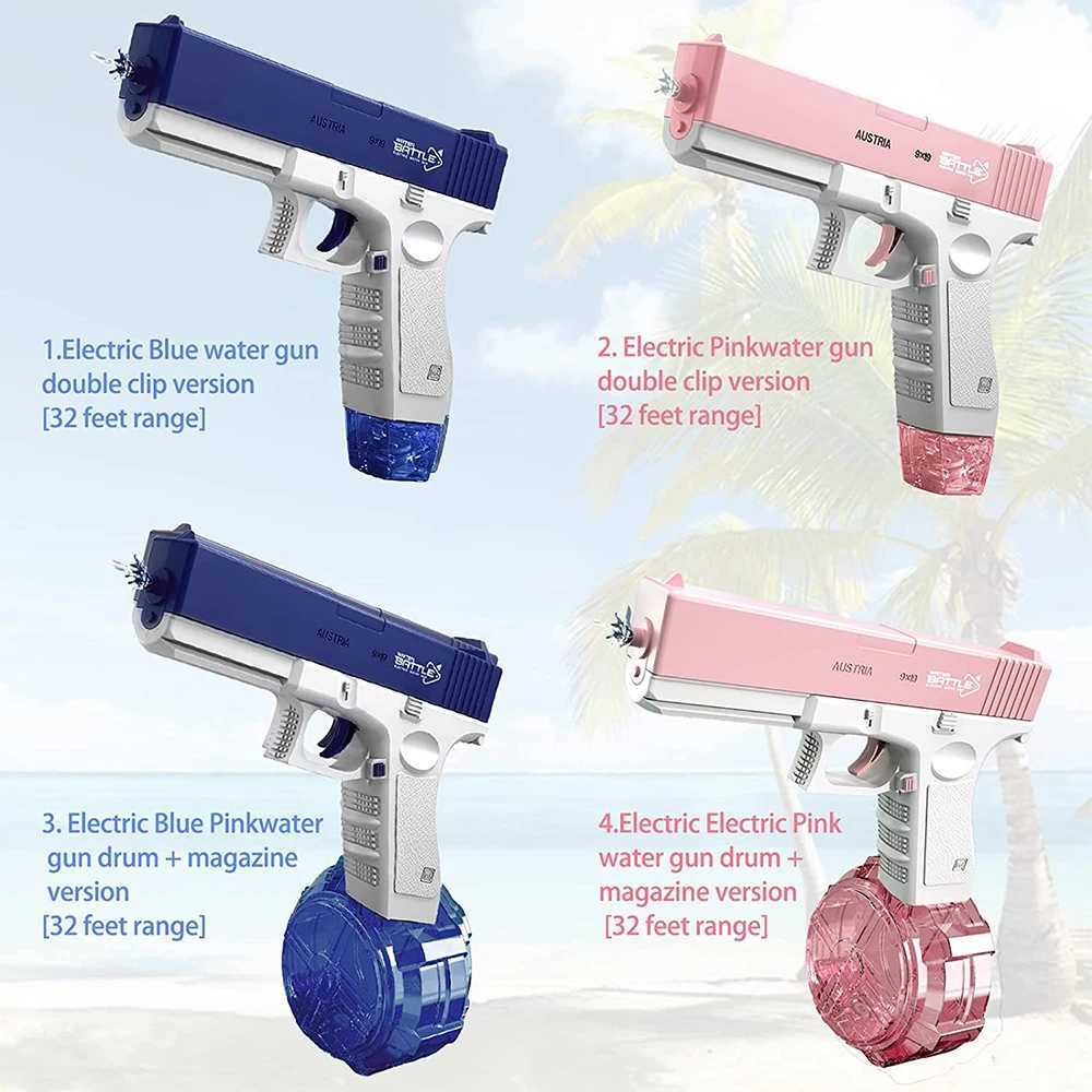 Giocattoli pistola pistole acqua elettrica fino a 32 piedi gamma da un pulsante squirt automatico Blaster giocattolo ad alta capacità bambini in piscina spiaggia spiaggia all'aperto 240408