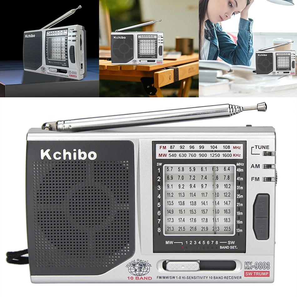 Full 10 Band Radio AM FM Radio med Folding Kickstand FM/MW/SW1-8 Högtalare 3,5 mm Jack Mini Portable Radio för äldste KK-9803