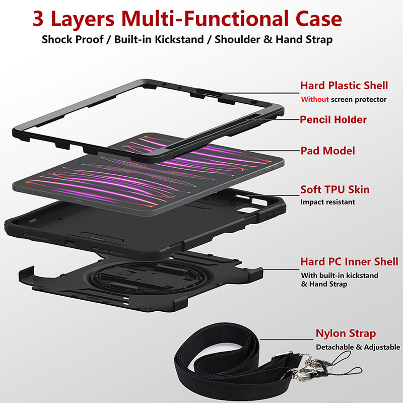 Case lourde pour iPad Air4 / 5 10,9 pouces Shell TPU + PC, amortisseur avec sangle à main à 360 degrés rotatif Kickstand Couvercle de protection du corps complet robuste pour iPad Pro 11
