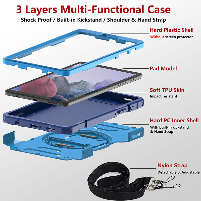 Rugged Case for SAM TAB A7 Lite 8,7 -calowy TPU+PC Case, wytrzymałym wstrząsy wstrząsu z paskiem ręcznym 360 stopni Rotatable Kick -Stays Protective dla T220/T225