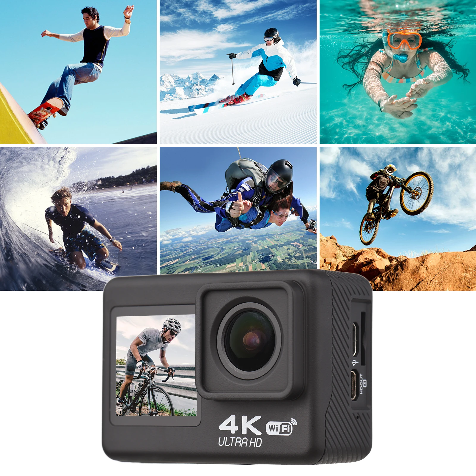 Kameras 4K60FPS WiFi Actionkamera Dual Screen 170 ° Weitwinkel 30m wasserdichte Sportkamera mit Fernbedienungs -Montage -Zubehör Kit Kit