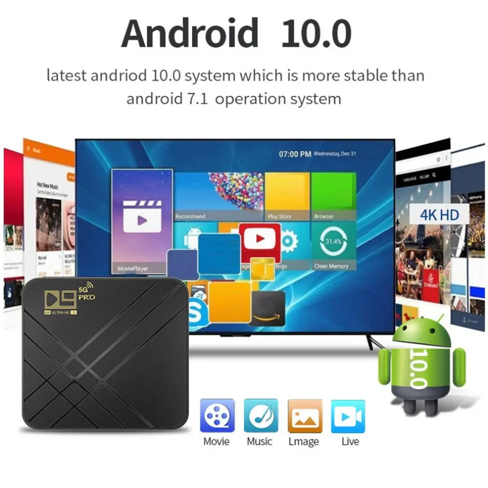 Box D9 Pro Smart TV Box Android 10.0 Amlogic S905L Quad Core 2.4G/5G Dual WiFi Bluetooth 4K SET Top Box 8GB+128GB Media Player H.265