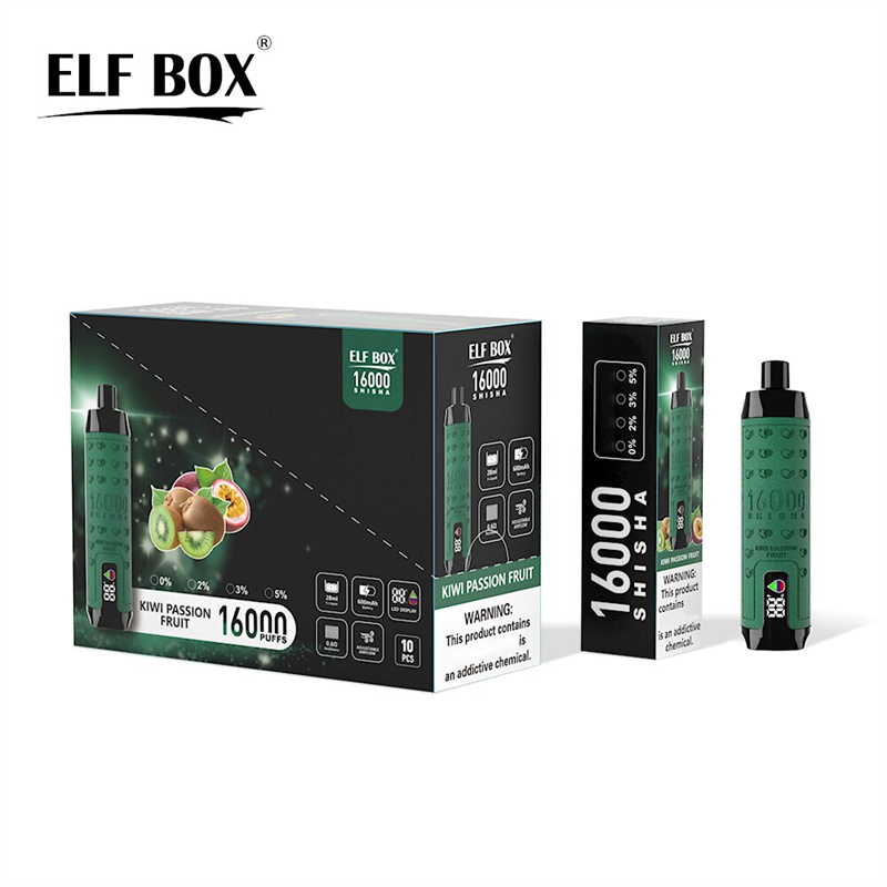 Elf Box Shisha 16000 Puffs Disponível e cigarros LED LED PUFF 16K 0% 2% 3% 5% 28 ml Preenchimento pré -enchido bobina de malha de malha 600mAh Cenagem de fluxo de ar ajustável recarregável