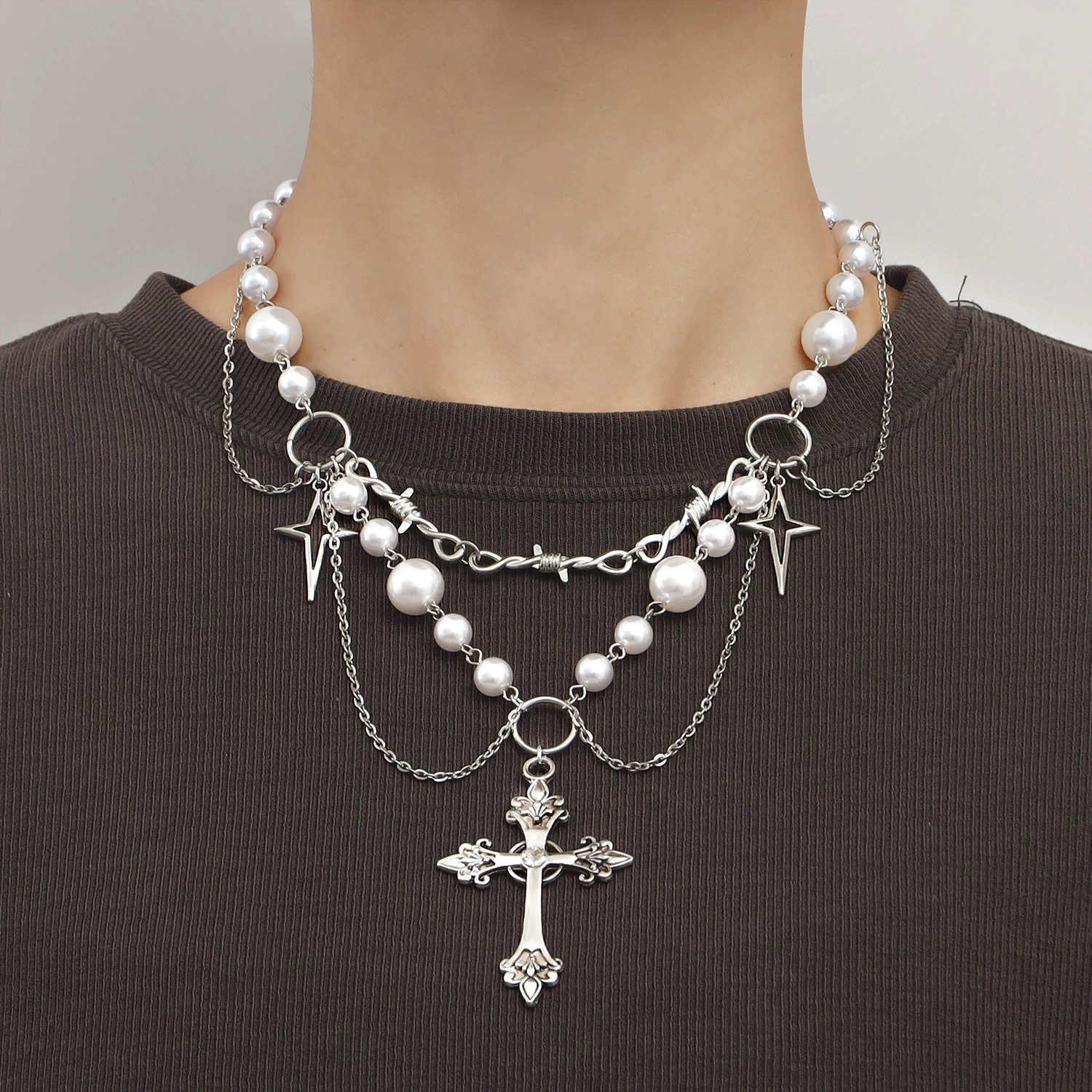 European and American cross-border jewelry niche design, double-layer high gloss pearl tassel cross star cross necklace, versatile for women