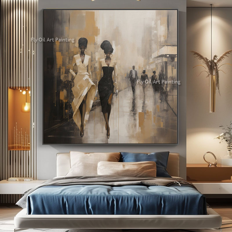 Abstract moderne vrouw wandelen op straat olie schilderij handgemaakte straat scape canvas muurkunst voor woonkamer thuis schilderijen kantoor decor