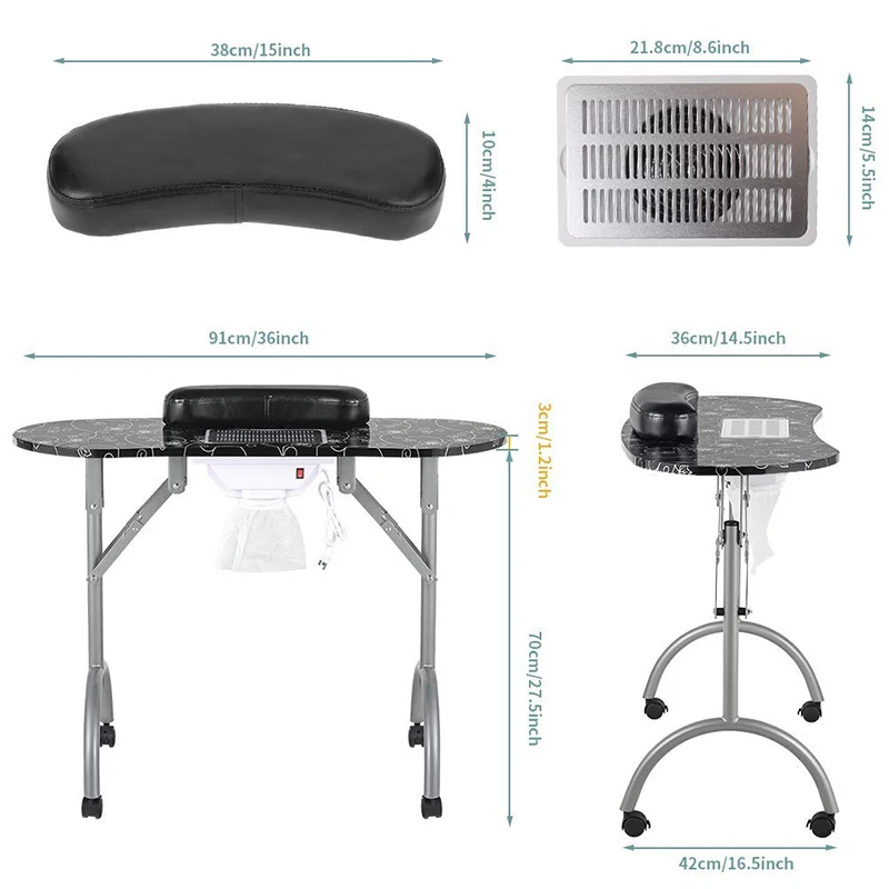 Vestidos mesa de mesa de unha dobrável com travesseiro dobrável de ventilador de travesseiro de travesseiro com poeira coletor de pó de almofada de pulso saco de transporte