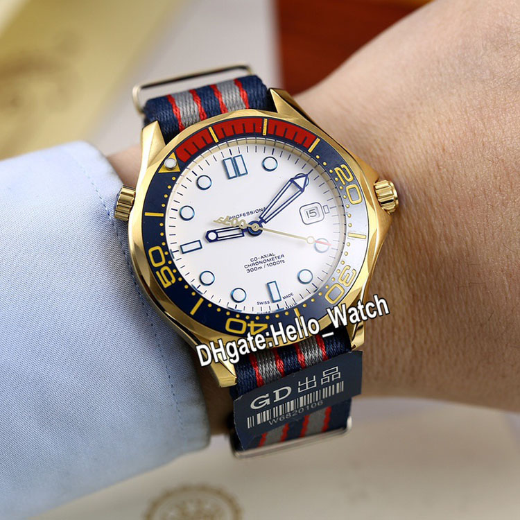 GDF Diver 300M 42mm Commander 007 Mens Watch Miyota 8215 Automatic 212.62.41.20.04.001 White Dial 18K Gold Case Nylon Strap Ceramics Bezel Watches Hello_Watch E282A