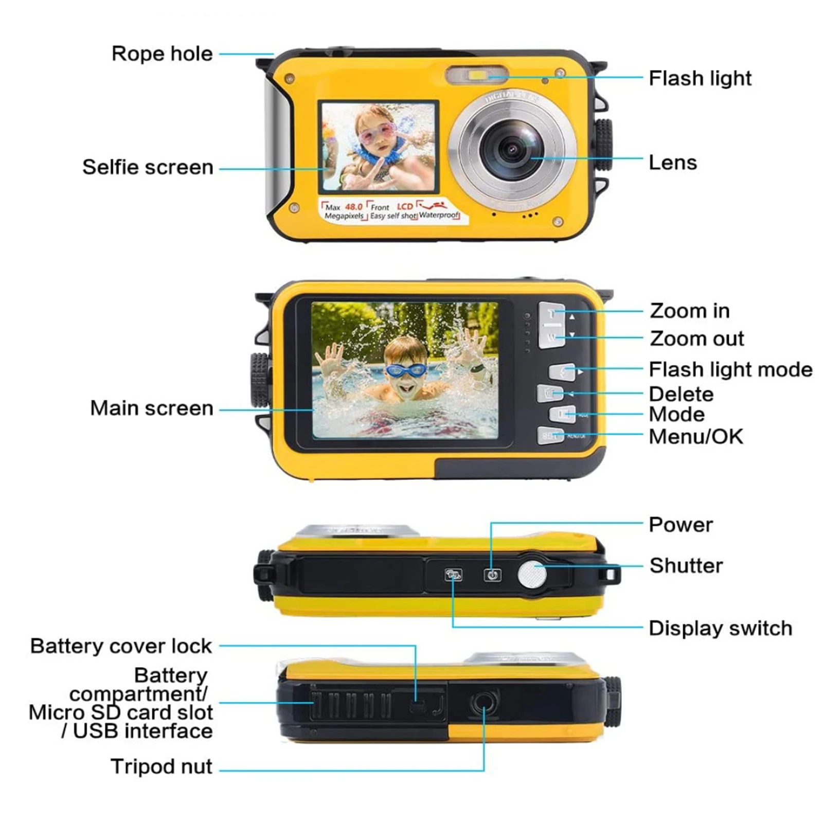 Telecamere da 2,7 pollici con fotocamera digitale a doppio schermo 1080p HD 48 MP impermeabile per videocamera subacquea per esterni per snorkeling per lo snorkeling