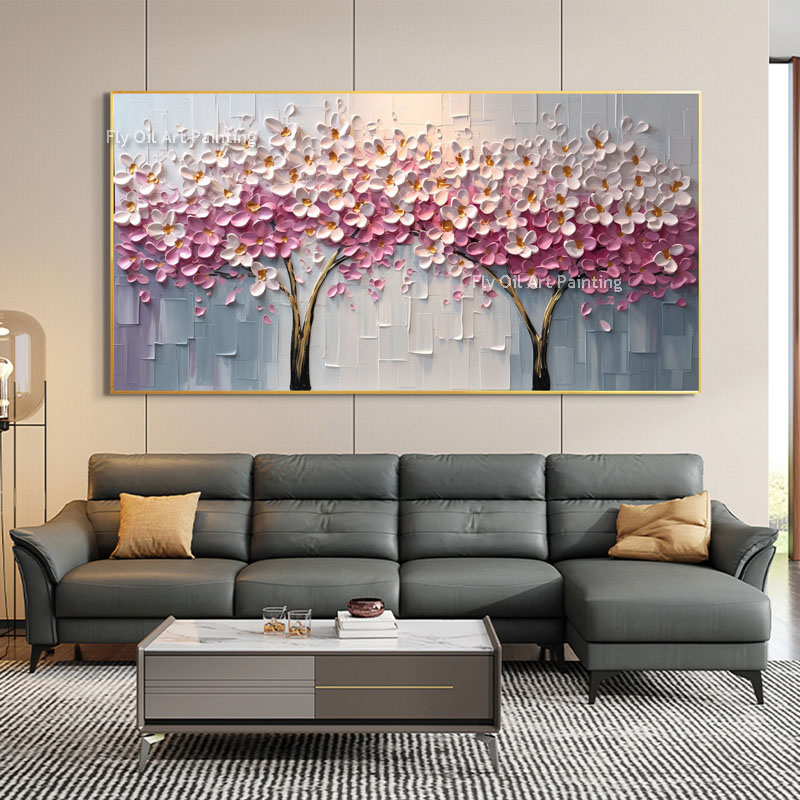 Stort anpassat blommande träd Canvas Oilmålning Handgjorda abstrakt körsbärsblomma duk målning rosa blomma målning vardagsrum hem dekor