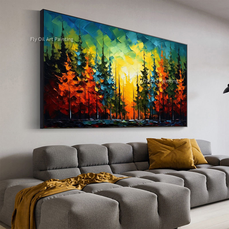 Forest Landscape Oil Painting Abstract Colorful Tree Canvas Wall Art Handmade Sunset Behind Tree Living Room Decor