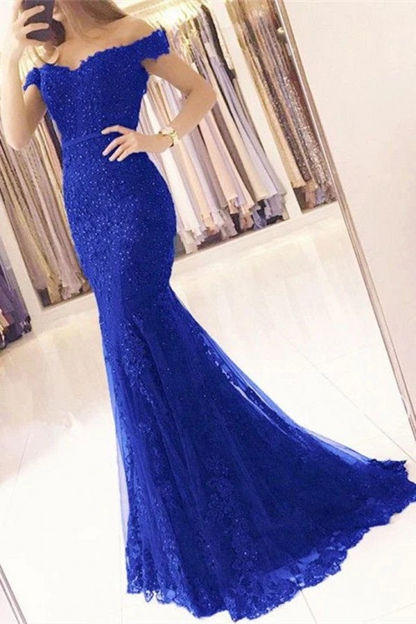 Royal Blue Sexy Off Shoulder Mermaid Evening Dresses Elegant Lace Appliques Beaded Formal Party Gowns For Women Plus Size Long Special Occasion Prom Dress CL3467