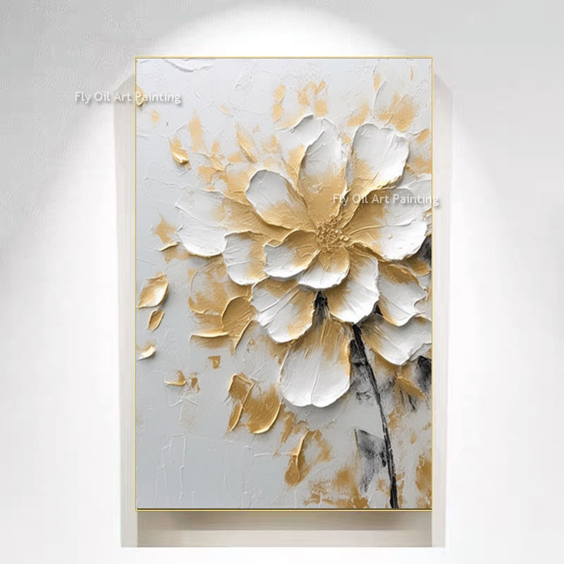 Arrangement floral doré peinture d'huile texturée peinte à la main fleurs blanches art mural décoration d'art mural doré pour décoration de salon cadeau