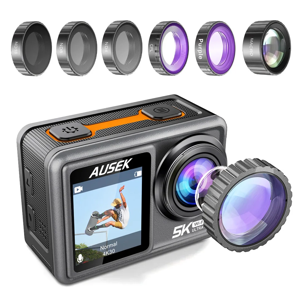 Machines Action Camera Filtre amovible 6 Lens 5k 30fps 4k 60fps 48MP Double écran 2 