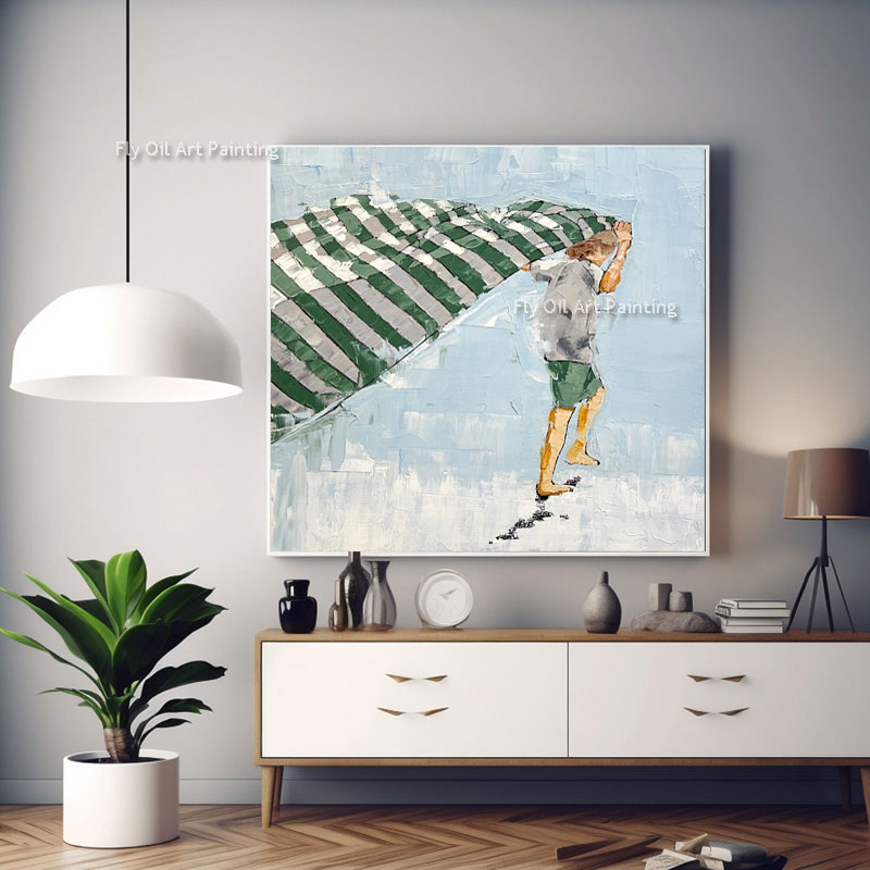 Enfant sur la toile de plage peinture à la main petit garçon à la main tenant une huile en tissu vert et blanche peinture d'art mural moderne pour le décor de chambre à coucher