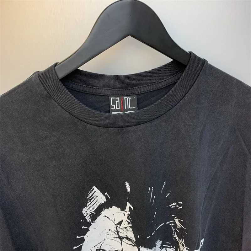 Mäns T-shirts Saint Michael tvättade svart kort ärm T-shirt Bästa kvalitet Mens kvinnor Löst casual tee-toppar med taggar J240402