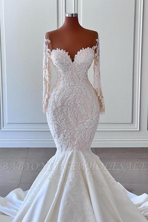 Gorgeous Mermaid Wedding Dress 2024 Sheer Neck Long Sleeves Lace Beads Bridal Party Gowns Custom Made Vestidos De Noiva Robe De Mariee BC14202 0408