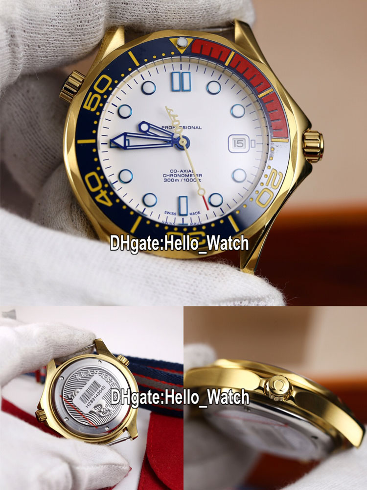 GDF Diver 300M 42mm Commander 007 Mens Watch Miyota 8215 Automatic 212.62.41.20.04.001 White Dial 18K Gold Case Nylon Strap Ceramics Bezel Watches Hello_Watch E282A