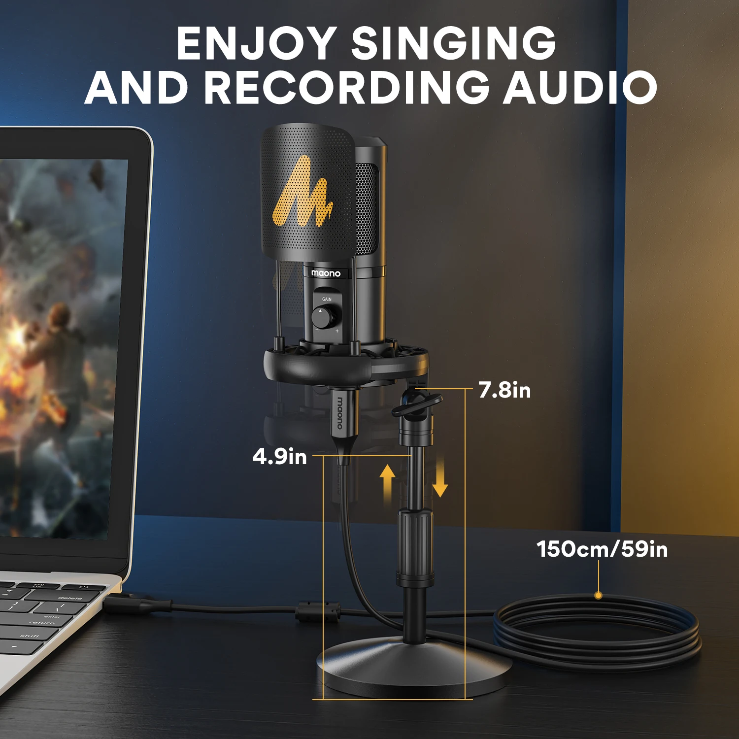 Microphones MAONO USB Microphone Mic de condenseur professionnel avec gain POP Filter Shock Mount pour le podcasting Gaming Recording PM461