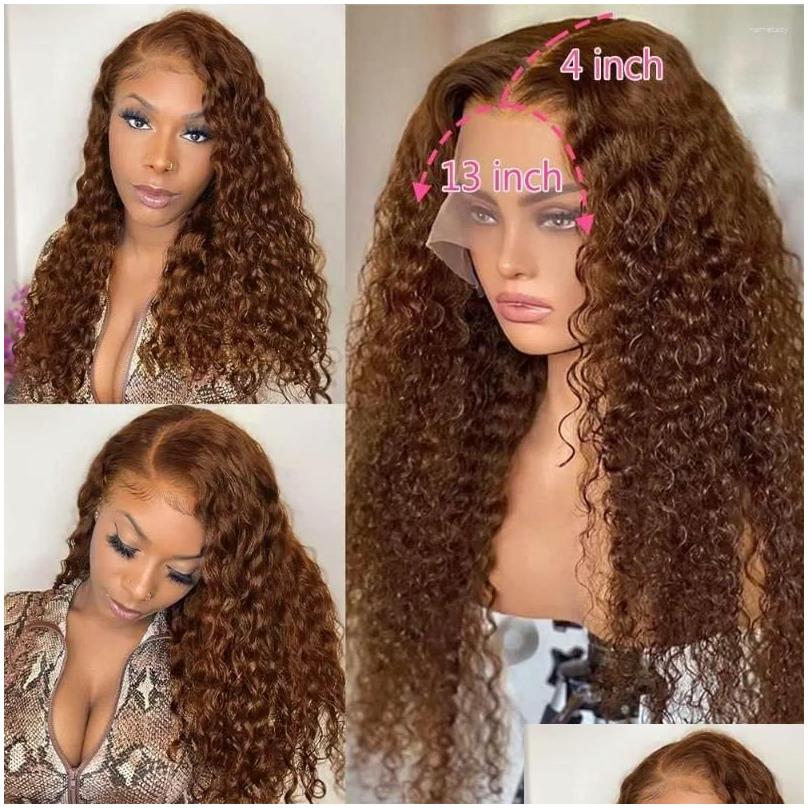 Spetsspår Deep Wave Frontal Wig Human Hair 13x4 Curly Front Colate Brown 4 FL Glueless 180% Density Hairfirfeal Drop Delivery Products Otit8