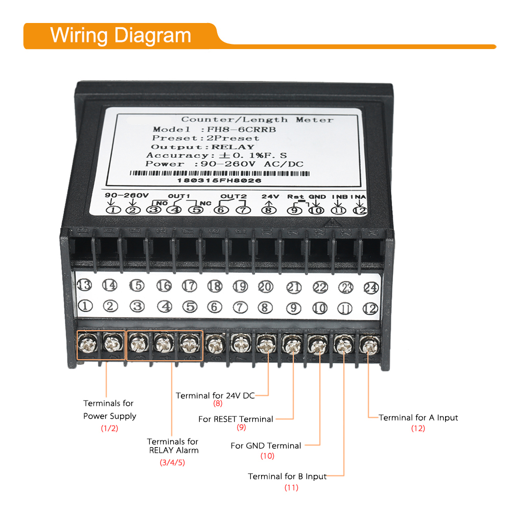 Dual Display Digital Counter 6-siffror FH8-6CRRB Lättemitterande diod 90 ~ 265V AC/DC Längdmätare med 2 reläutgångar och puls