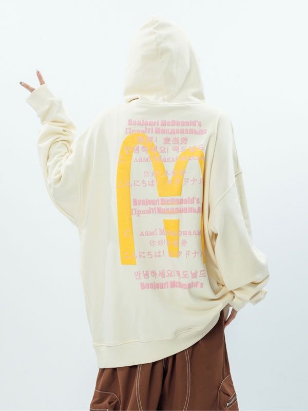 100% puur katoen Amerikaans retro brief afdrukken Hooded McDonald's hoodie dames herfstpaar losse top hoodie pluche S-4XL