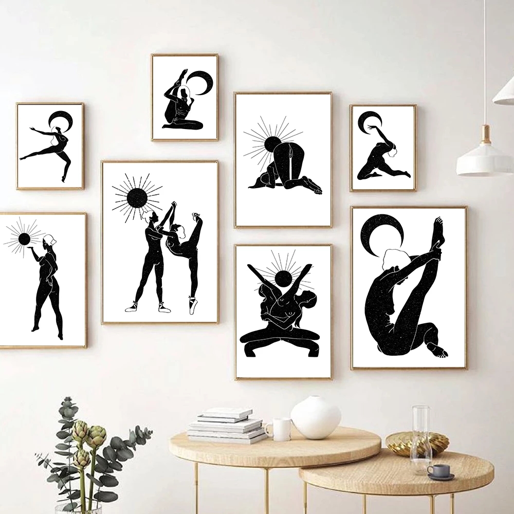 Współczesne abstrakcyjne tancerze nordyckie ćwiczą jogę. Różne pozy. Plakaty na płótnie i drukowane zdjęcia do salonu i wystroju domu