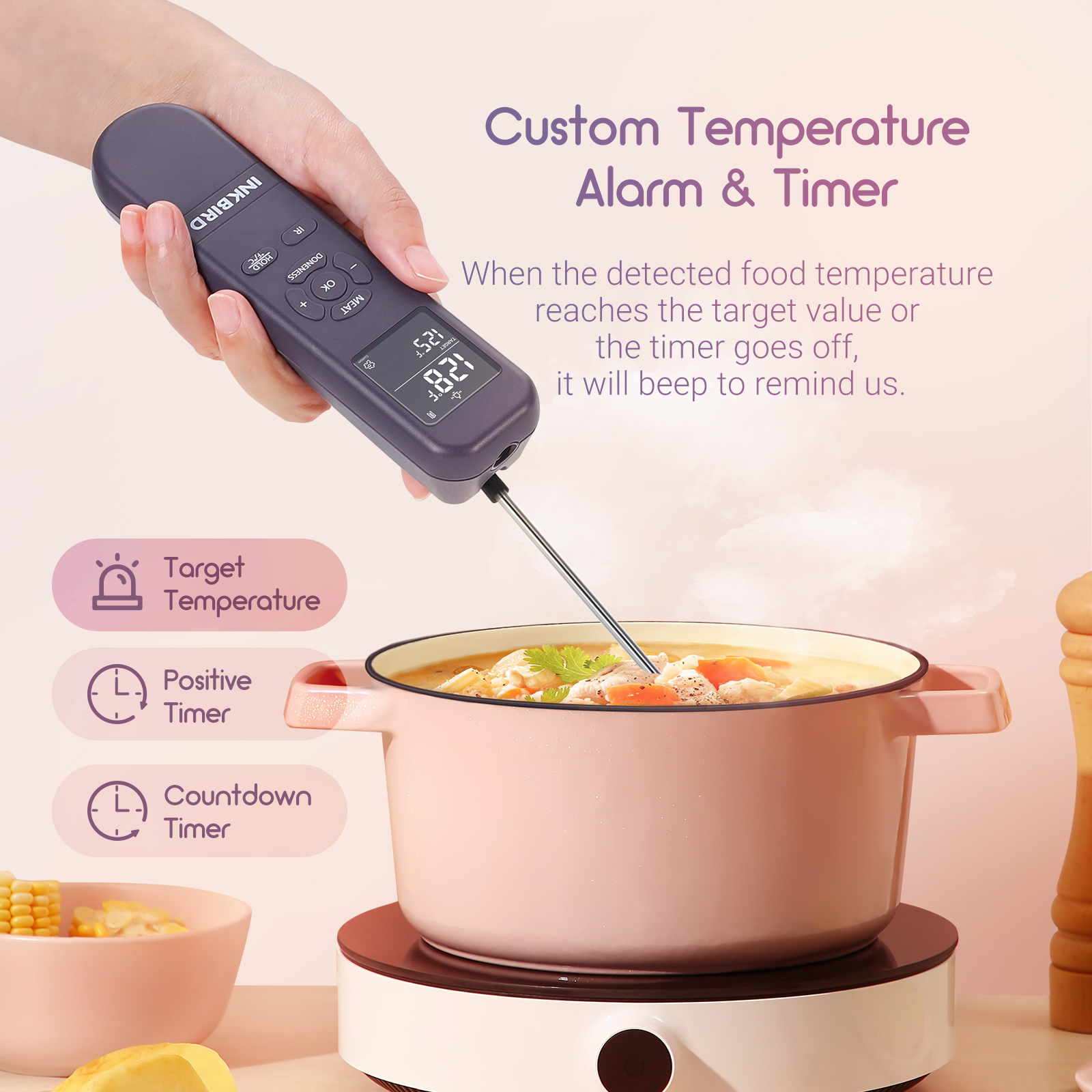 Inkbird 3-en-1 Thermomètre à viande pratique avec détecteur IR Thermomètre alimentaire multifonctionnel IHT-1M Timer pour grillade