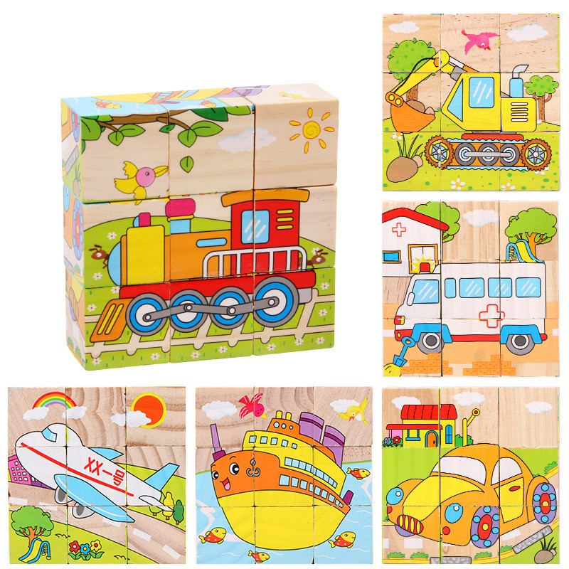 Baby Wood Block Toys Jigsaw Games Animal Fruit Traffic Cognize Early Learning Educational Toys Children Six Side 3D Cube Game