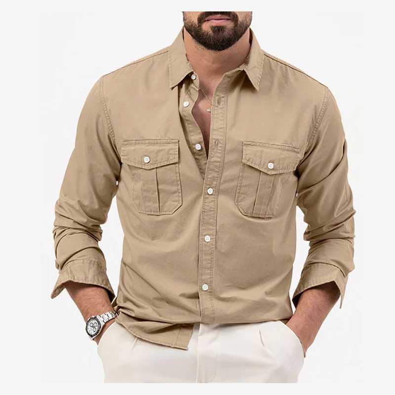 Camisas casuais masculinas Primavera/verão Novo camisa militar de homens de mangas compridas camisas de carga casual camisa de bolso de bolso masculino de bolso 240409