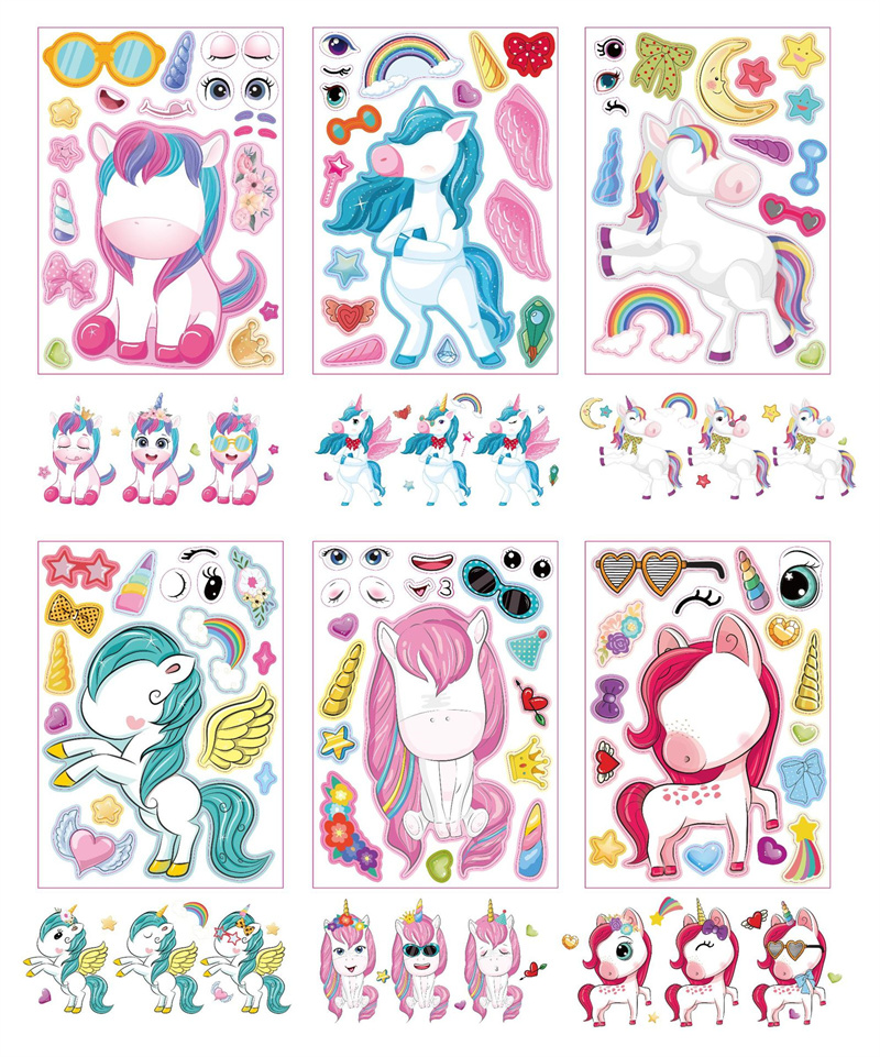 6 / 12sheet kawaii licorn enfants autocollant diy faire un visage assembler des autocollants de puzzle de puzzle