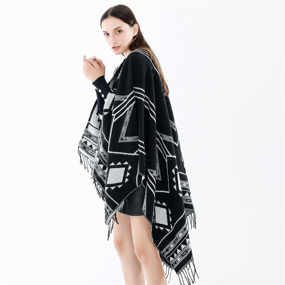 2023 New Indian Nepalese Style Geometric Tassel Split Women Shawl Warm Air Conditioning Room Lady Cloak Poncho Capes Black Khaki